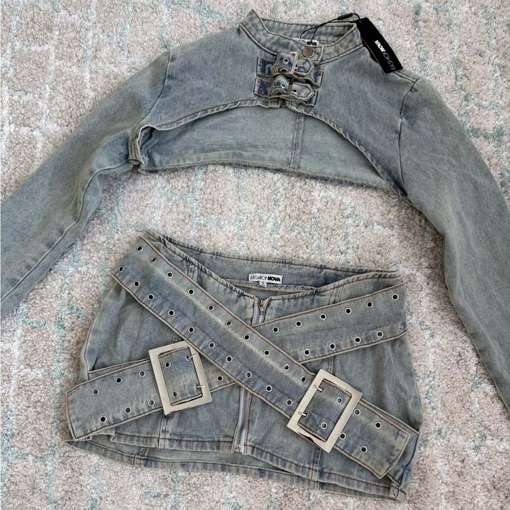 Fashion Nova Two Piece Denim Skirt Set. Size Medium.